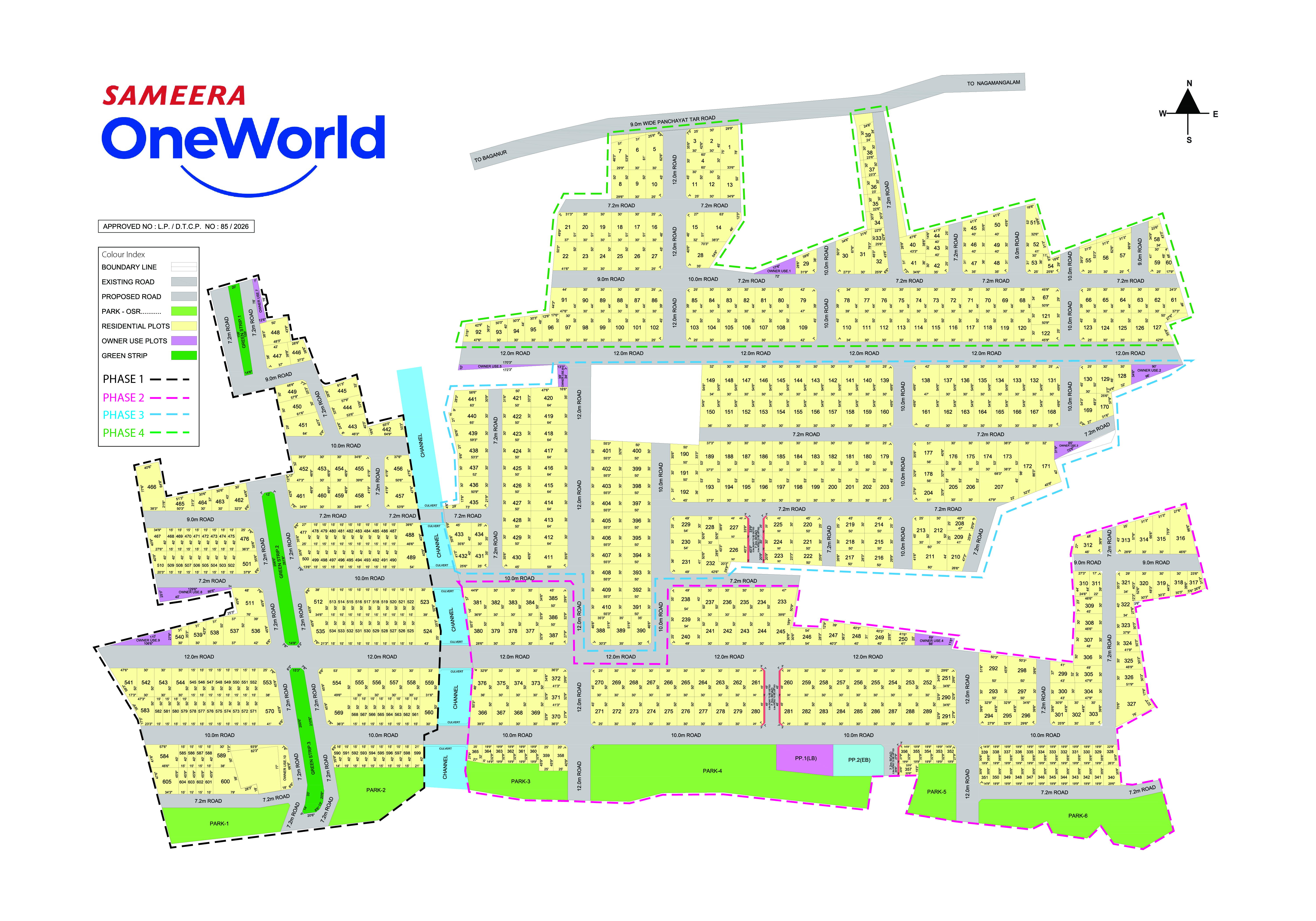 Sameera One World sanctioned master layout: phase-wise plotted sectors, parks and the internal road network