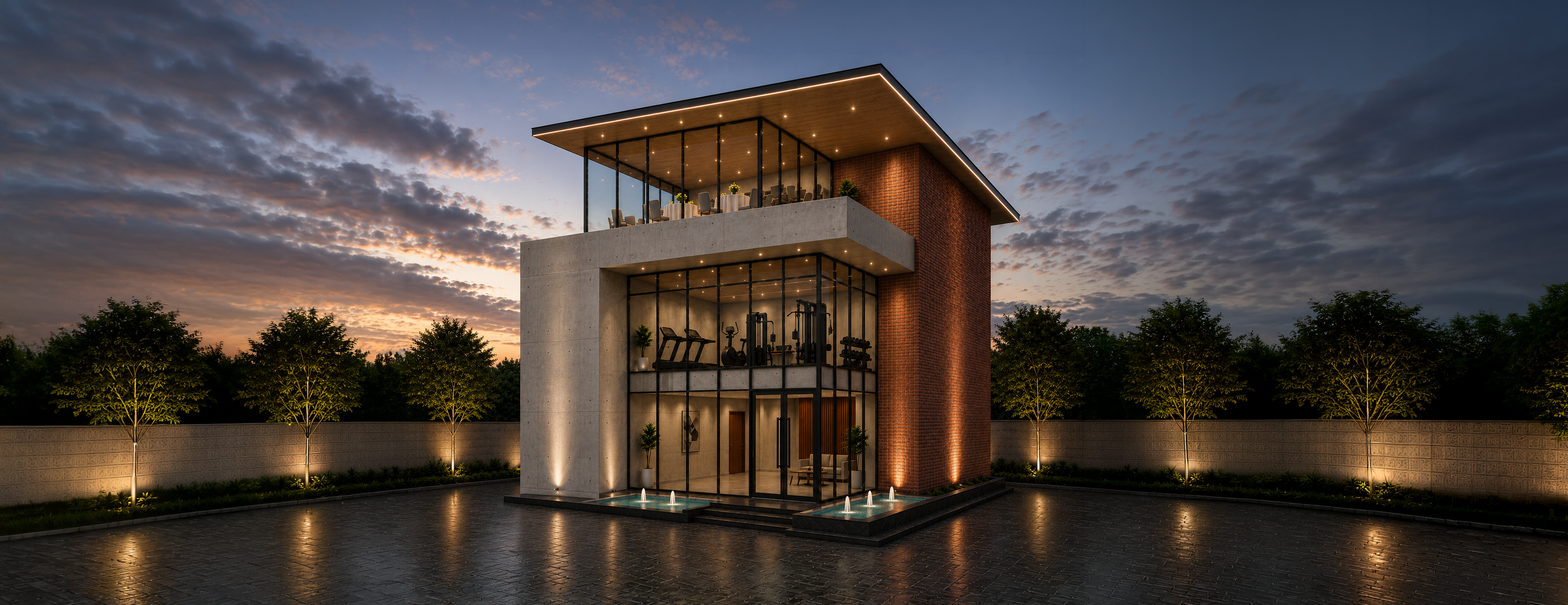 Sameera One World clubhouse at dusk: a double-storey pavilion with a rooftop terrace, glass-walled gym and entrance fountains