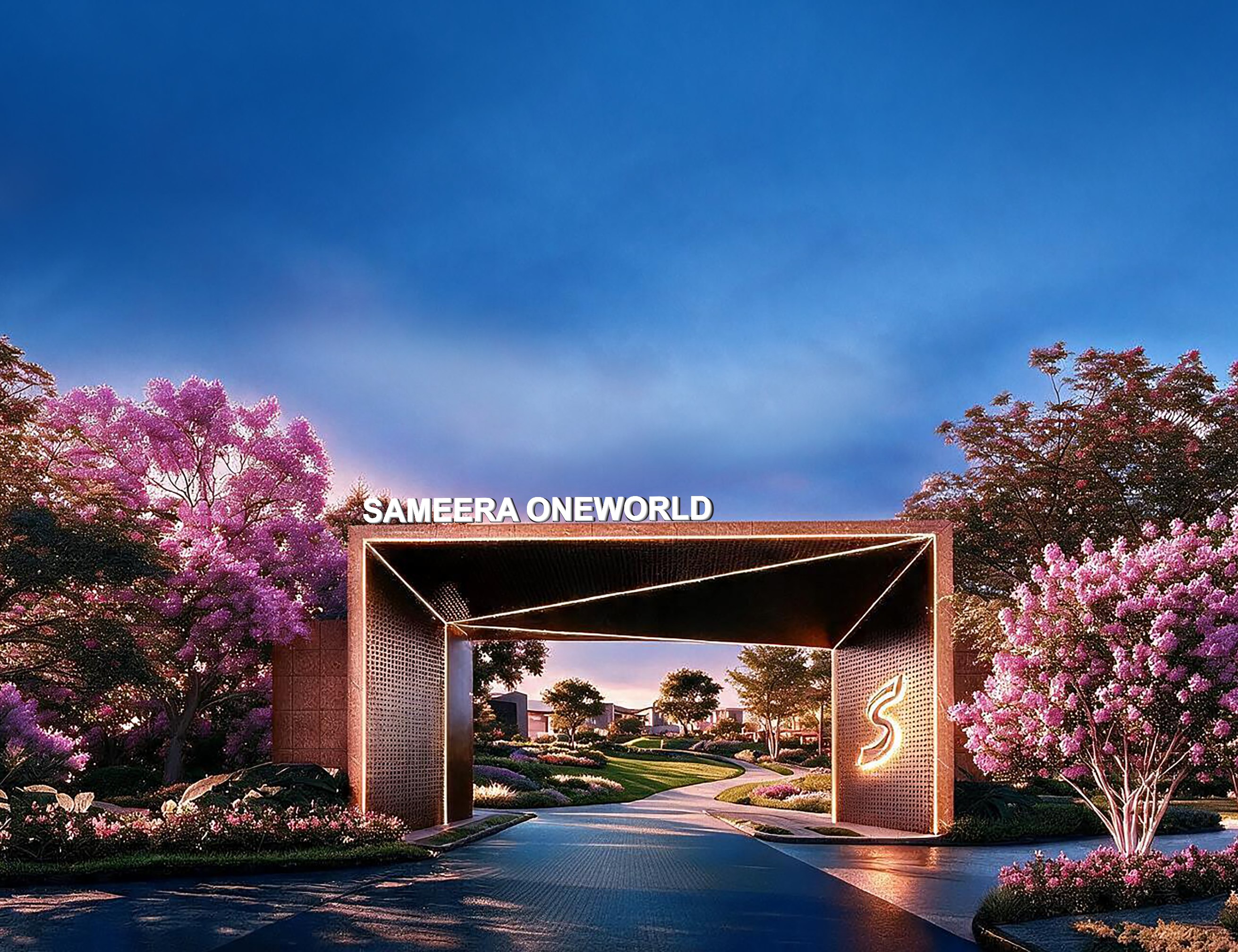 Sameera One World's illuminated entrance gate at dusk, framed by blossoming trees, with the Sameera OneWorld nameplate above the archway