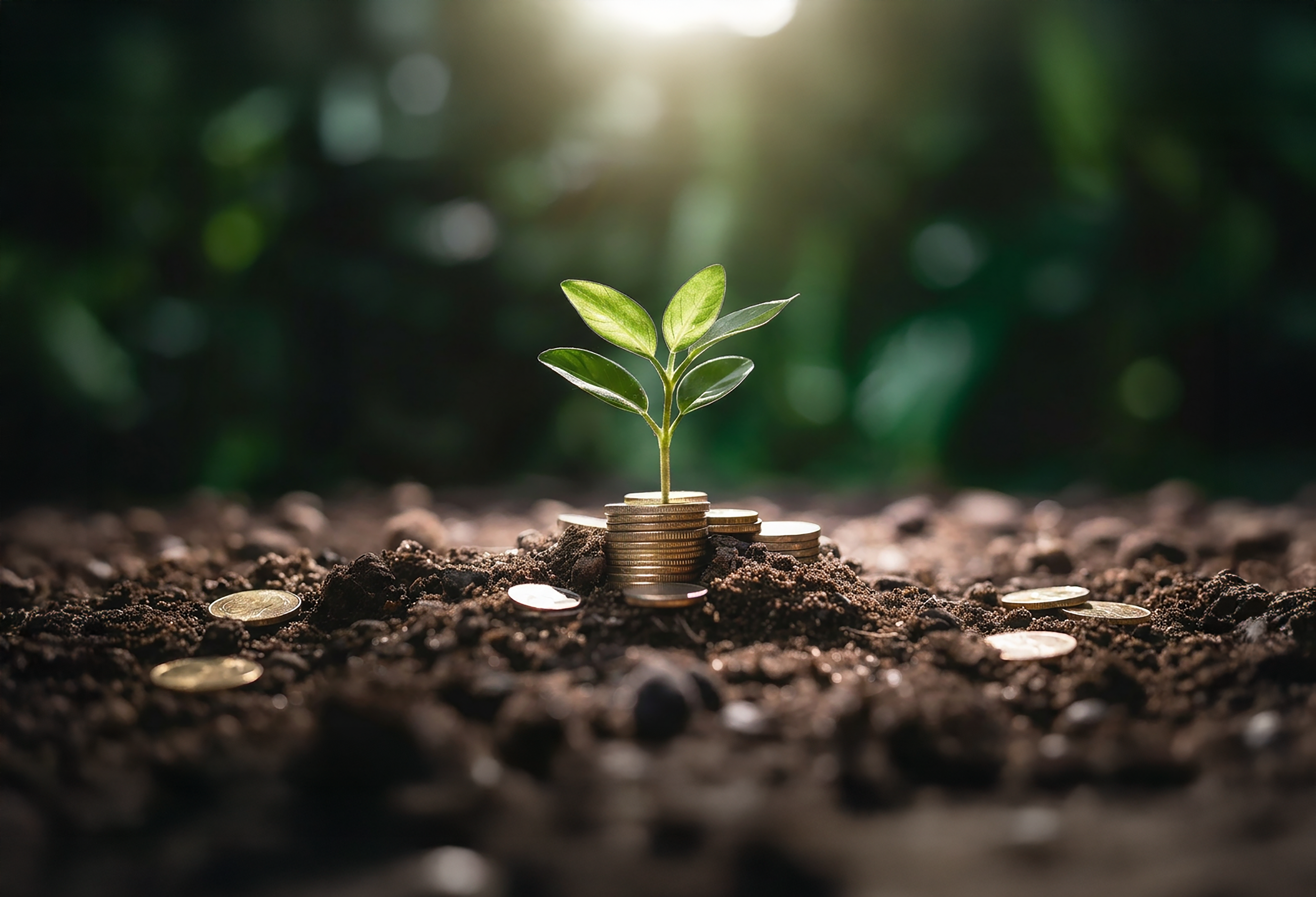A young plant sprouting from a stack of coins in rich soil, symbolising financial growth